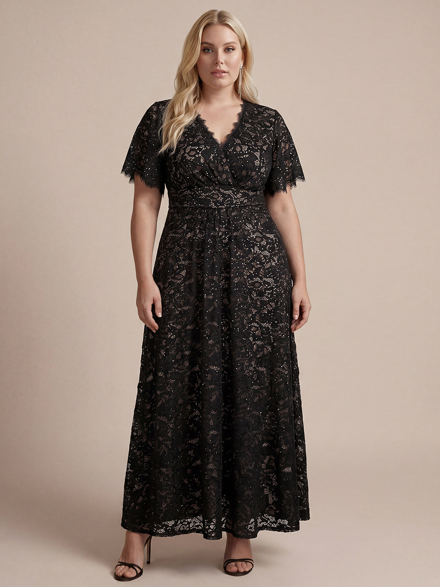 Ever-Pretty Inclusive Plus Size Lace Ruffle Sleeve Evening Dress