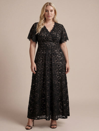 Plus Size Lace Ruffle Sleeve Evening Dress