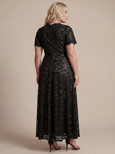 Plus Size Lace Ruffle Sleeve Evening Dress #color_Black
