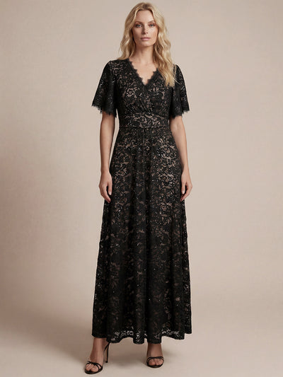 Lace Ruffle Sleeve A-Line Evening Dress