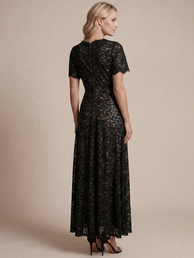 Lace Ruffle Sleeve A-Line Evening Dress #color_Black