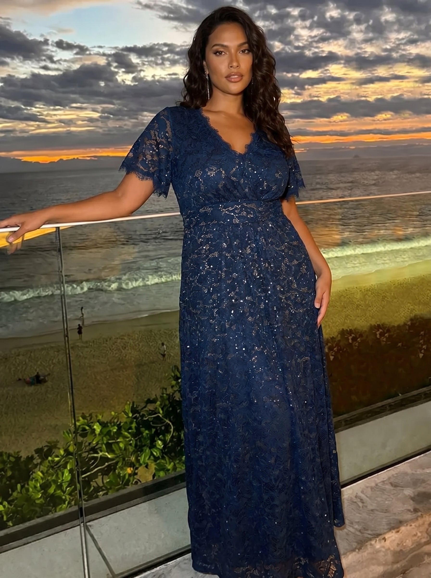 Plus Size Lace Ruffle Sleeve Evening Dress #color_Navy Blue