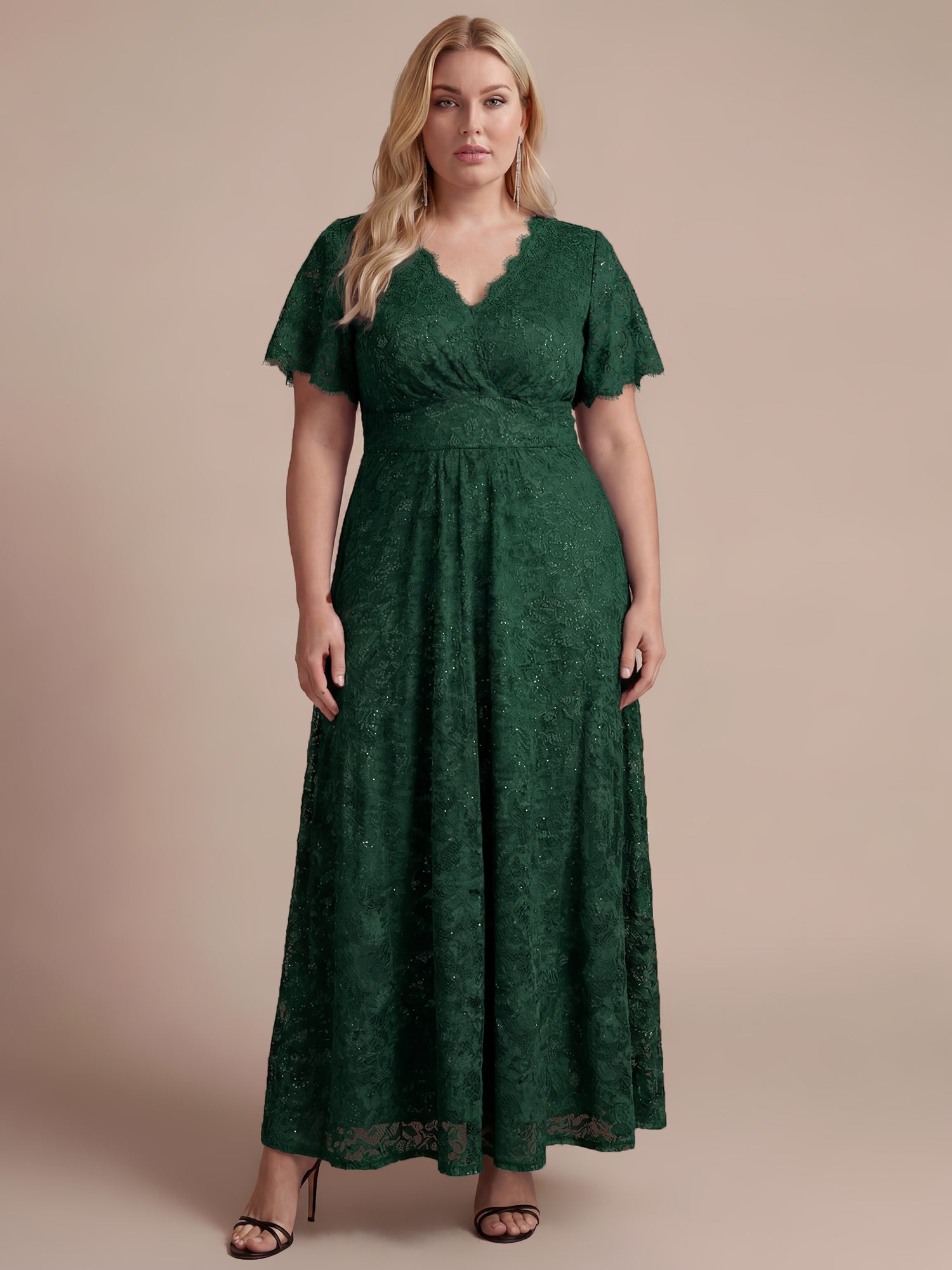 Lace Ruffle Sleeve A-Line Evening Dress #color_Dark Green