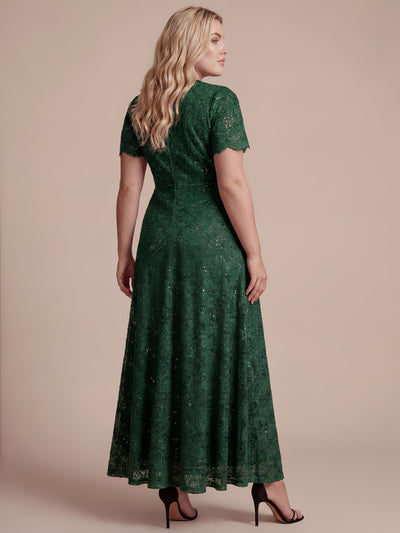 Plus Size Lace Ruffle Sleeve Evening Dress #color_Dark Green