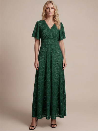 Lace Ruffle Sleeve A-Line Evening Dress