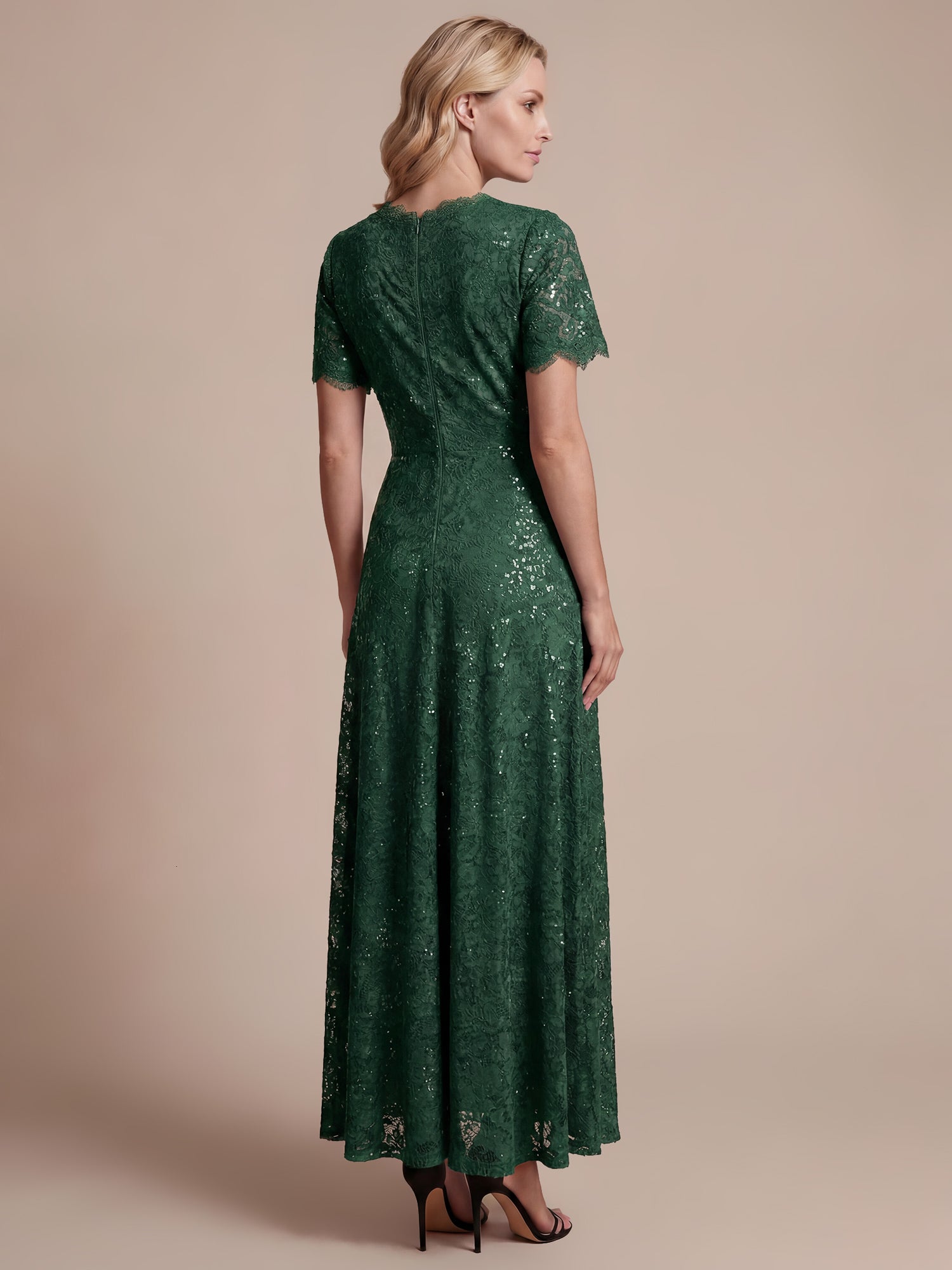 Lace Ruffle Sleeve A-Line Evening Dress #color_Dark Green