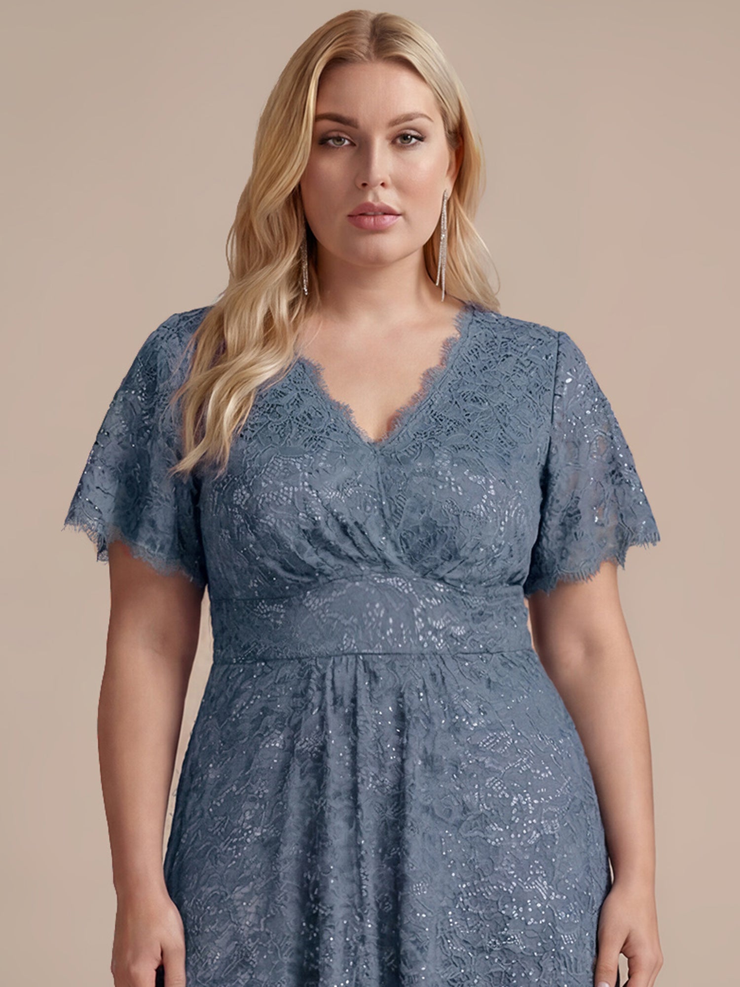 Plus Size Lace Ruffle Sleeve Evening Dress #color_Dusty Blue