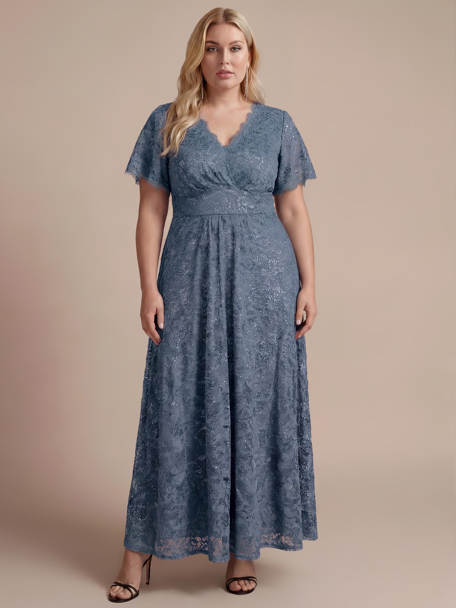 Plus Size Lace Ruffle Sleeve Evening Dress #color_Dusty Blue