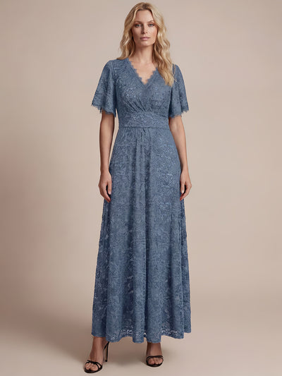 Lace Ruffle Sleeve A-Line Evening Dress