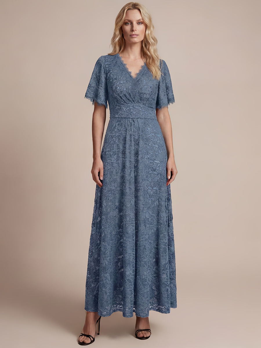 Lace Ruffle Sleeve A-Line Evening Dress #color_Dusty Blue