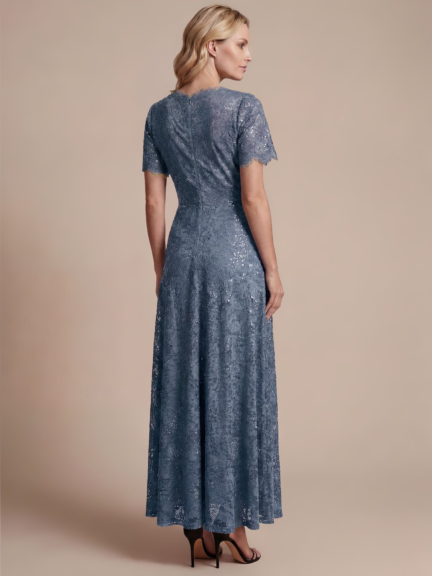 Lace Ruffle Sleeve A-Line Evening Dress #color_Dusty Blue