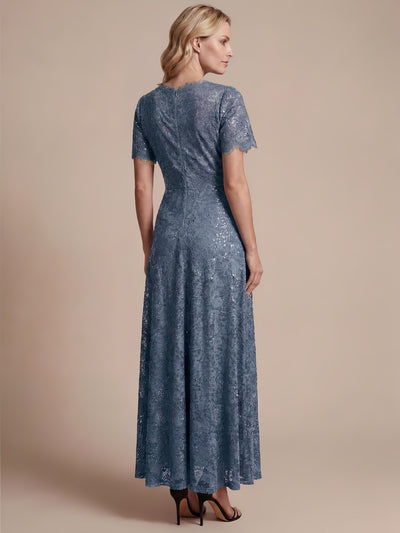 Lace Ruffle Sleeve A-Line Evening Dress #color_Dusty Blue