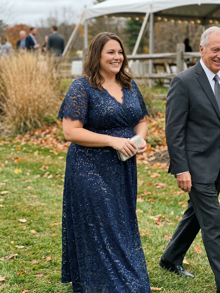 Plus Size Lace Ruffle Sleeve Evening Dress #color_Navy Blue