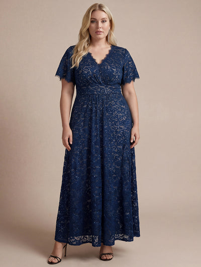 Plus Size Lace Ruffle Sleeve Evening Dress