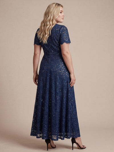 Plus Size Lace Ruffle Sleeve Evening Dress #color_Navy Blue