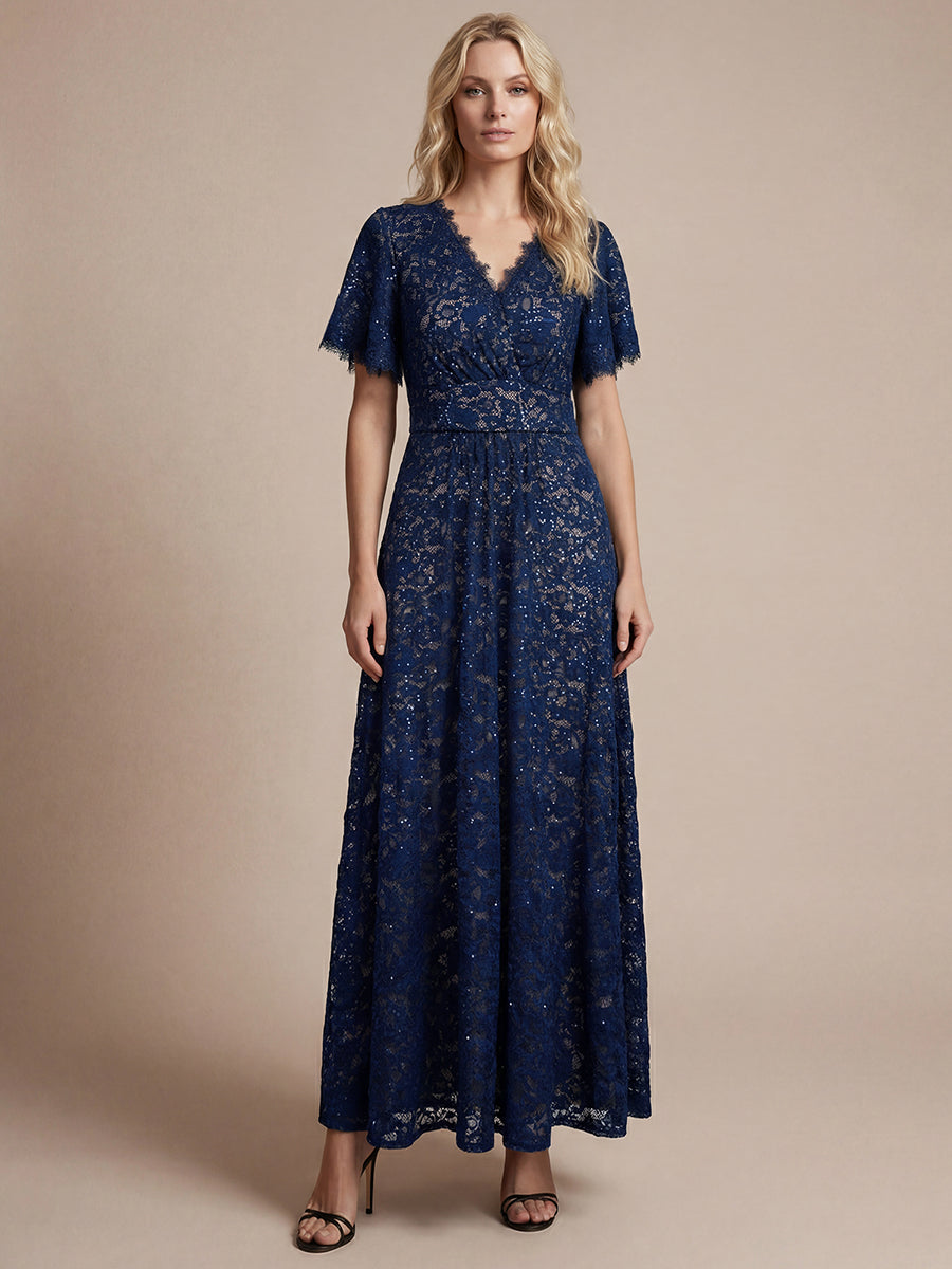 Lace V-Neck Short Sleeve Evening Dress - Ever-Pretty US Lace V-Neck Short Sleeve Evening Dress - Ever-Pretty US