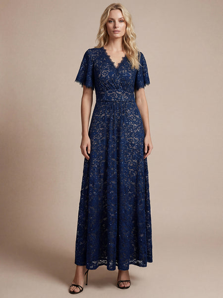 chinese dress ladies Lace V-Neck Short Sleeve Evening Dress