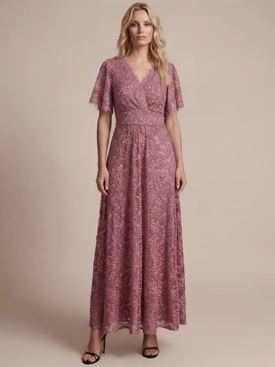 Lace Ruffle Sleeve A-Line Evening Dress