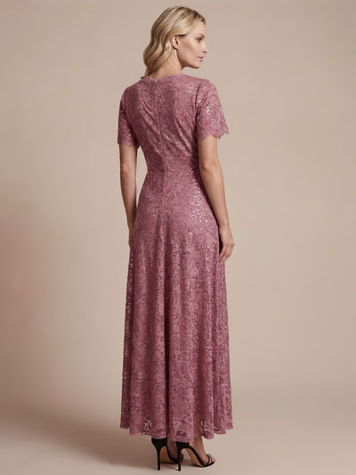 Lace Ruffle Sleeve A-Line Evening Dress #color_Purple Orchid