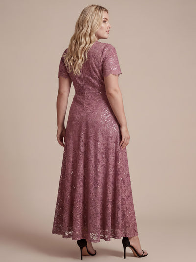 Plus Size Lace Ruffle Sleeve Evening Dress #color_Purple Orchid