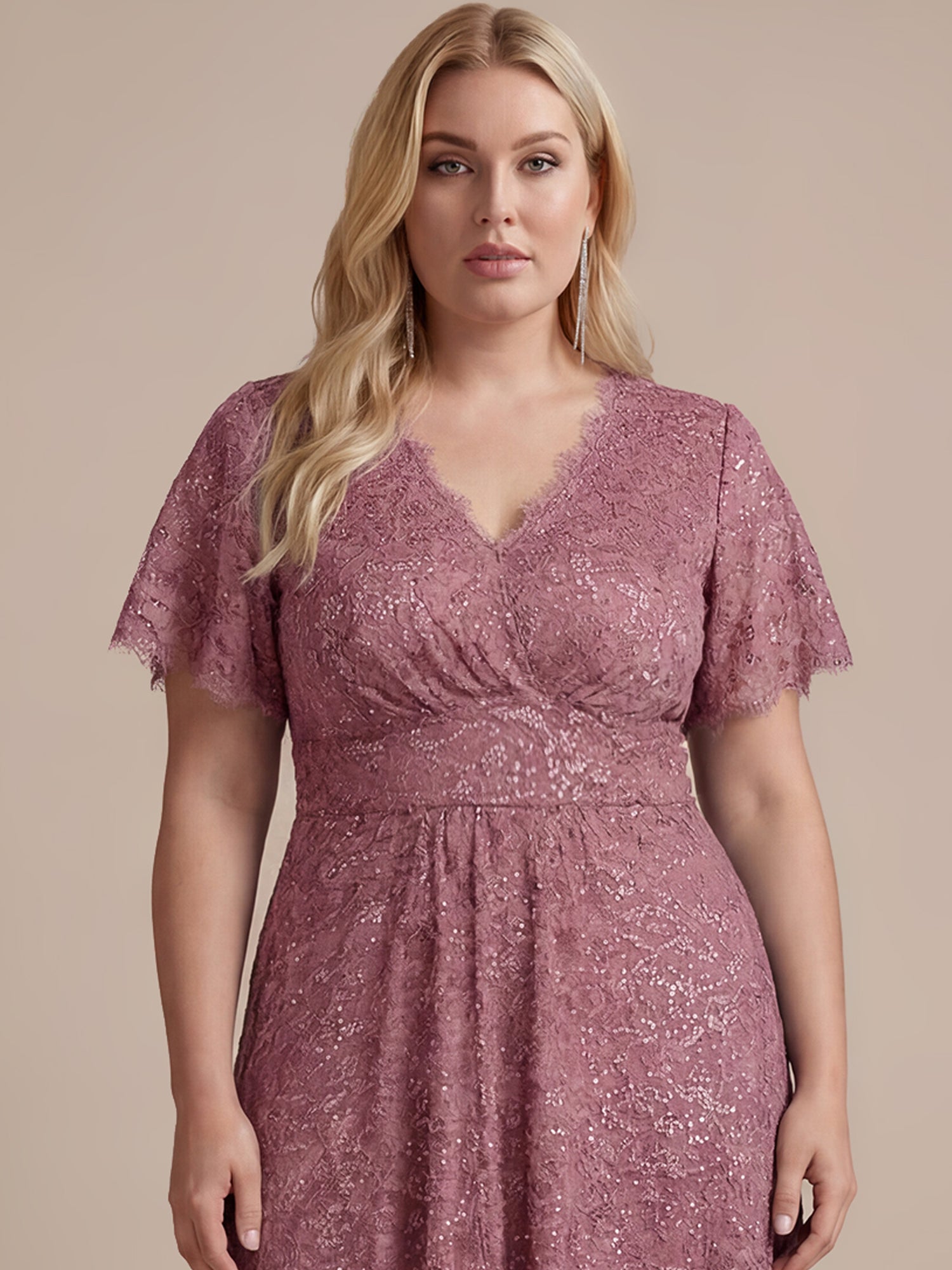 Plus Size Lace Ruffle Sleeve Evening Dress #color_Purple Orchid