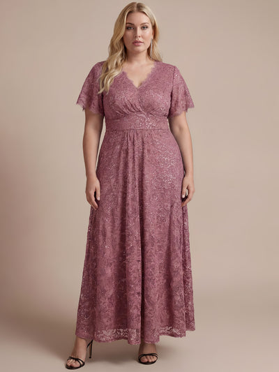 Plus Size Lace Ruffle Sleeve Evening Dress