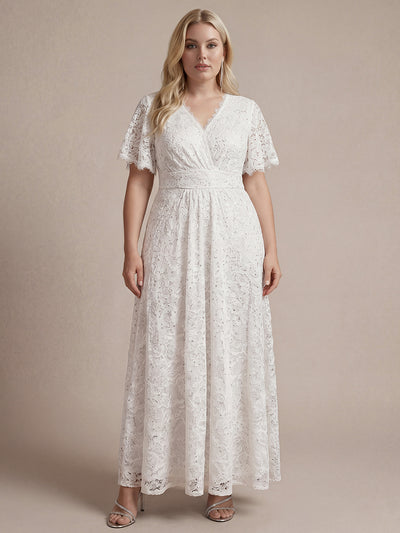 Plus Size Lace Ruffle Sleeve Evening Dress