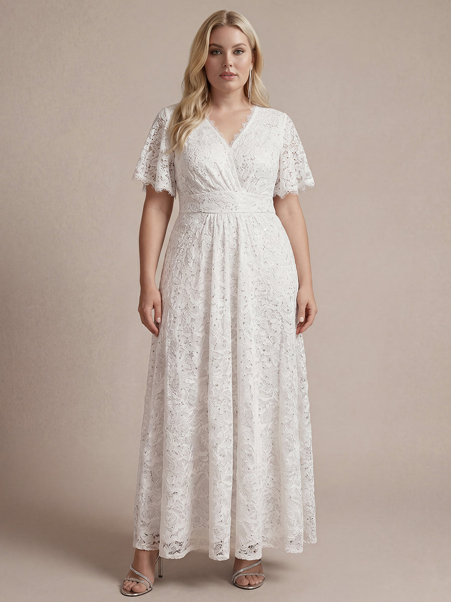 Plus Size Lace Ruffle Sleeve Evening Dress #color_White