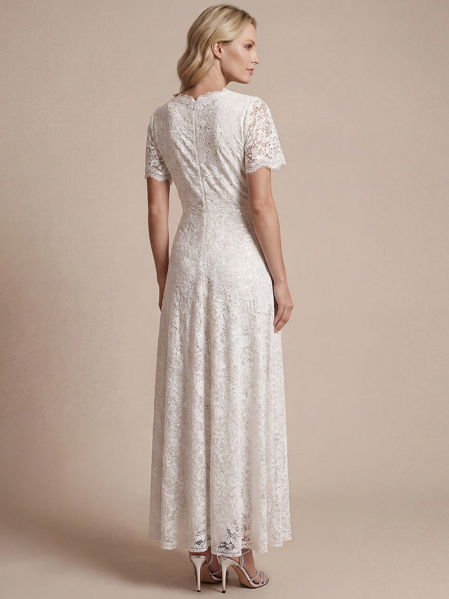 Lace Ruffle Sleeve A-Line Evening Dress #color_White