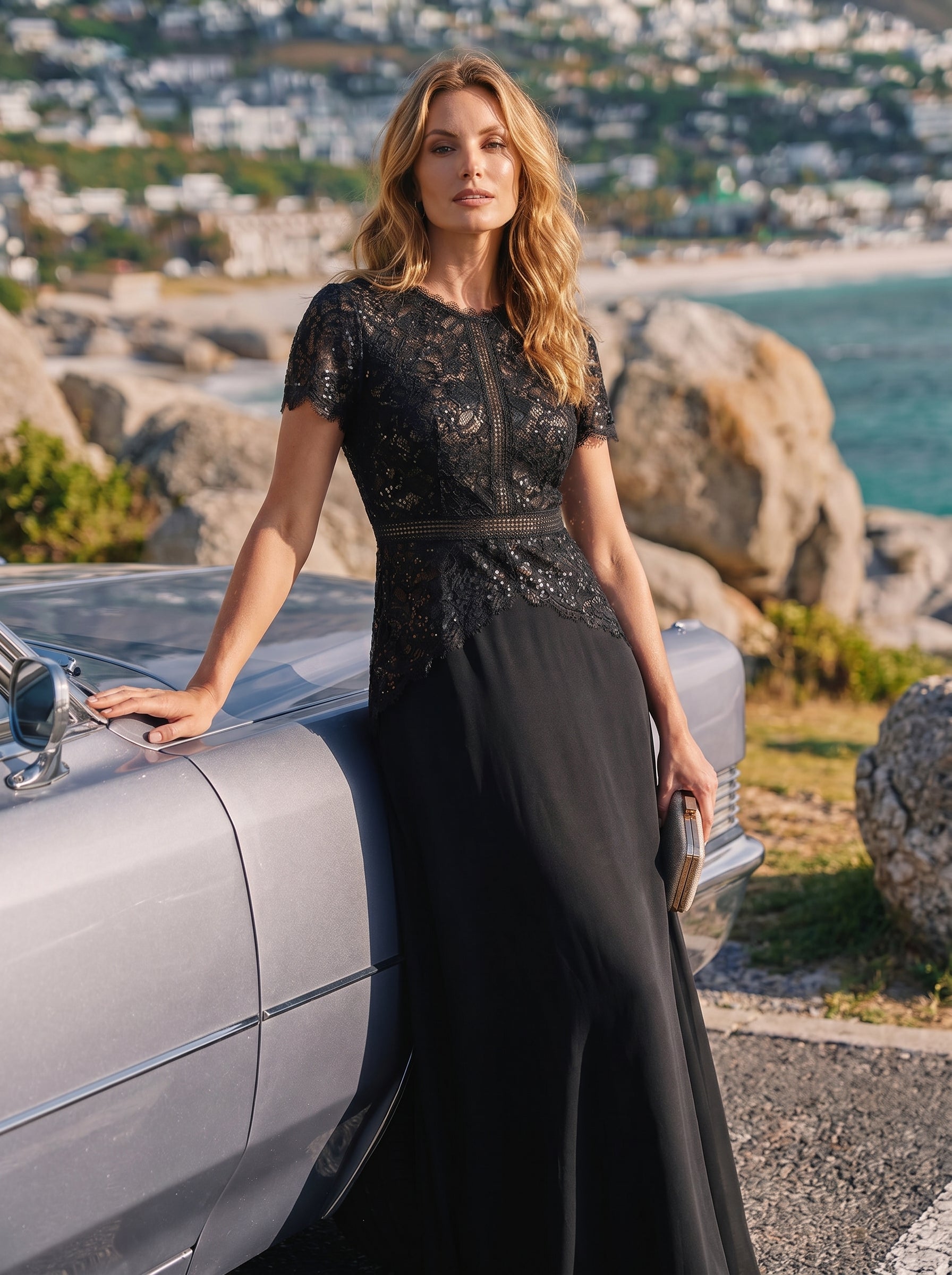 Sequin Lace Round Neck Evening Dress #color_Black
