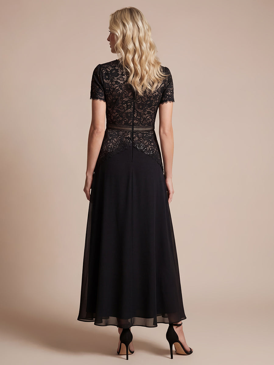 Sequin Lace Round Neck Evening Dress #color_Black