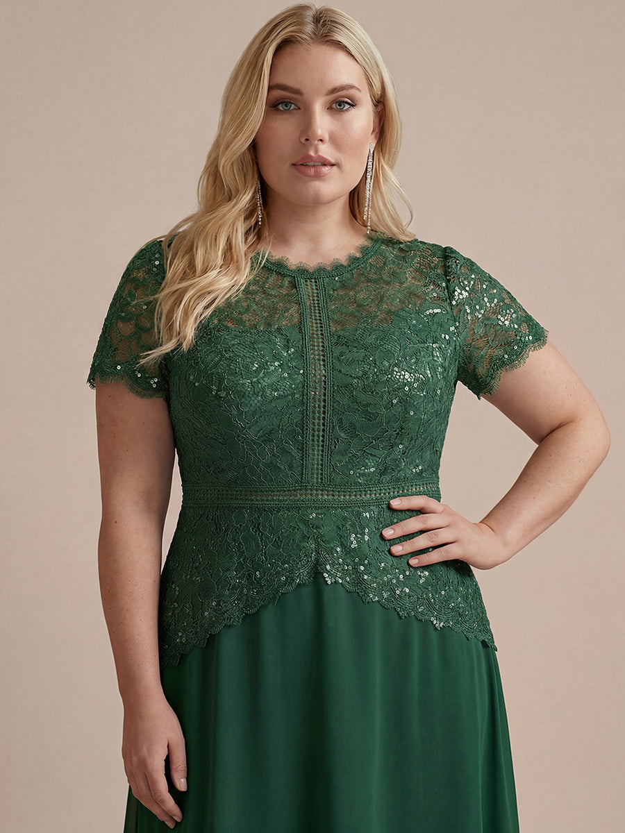 Sequin Lace Round Neck Evening Dress #color_Dark Green