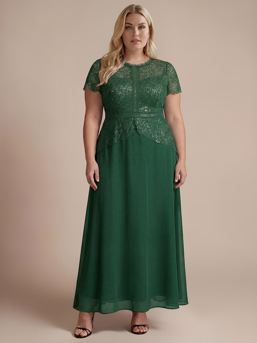 Plus Size Lace Puff Sleeve Evening DressDress #color_Dark Green