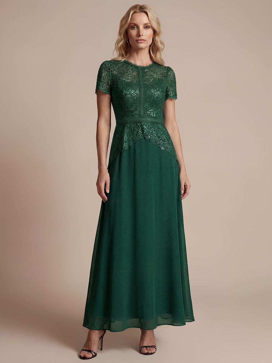 Sequin Lace Round Neck Evening Dress #color_Dark Green