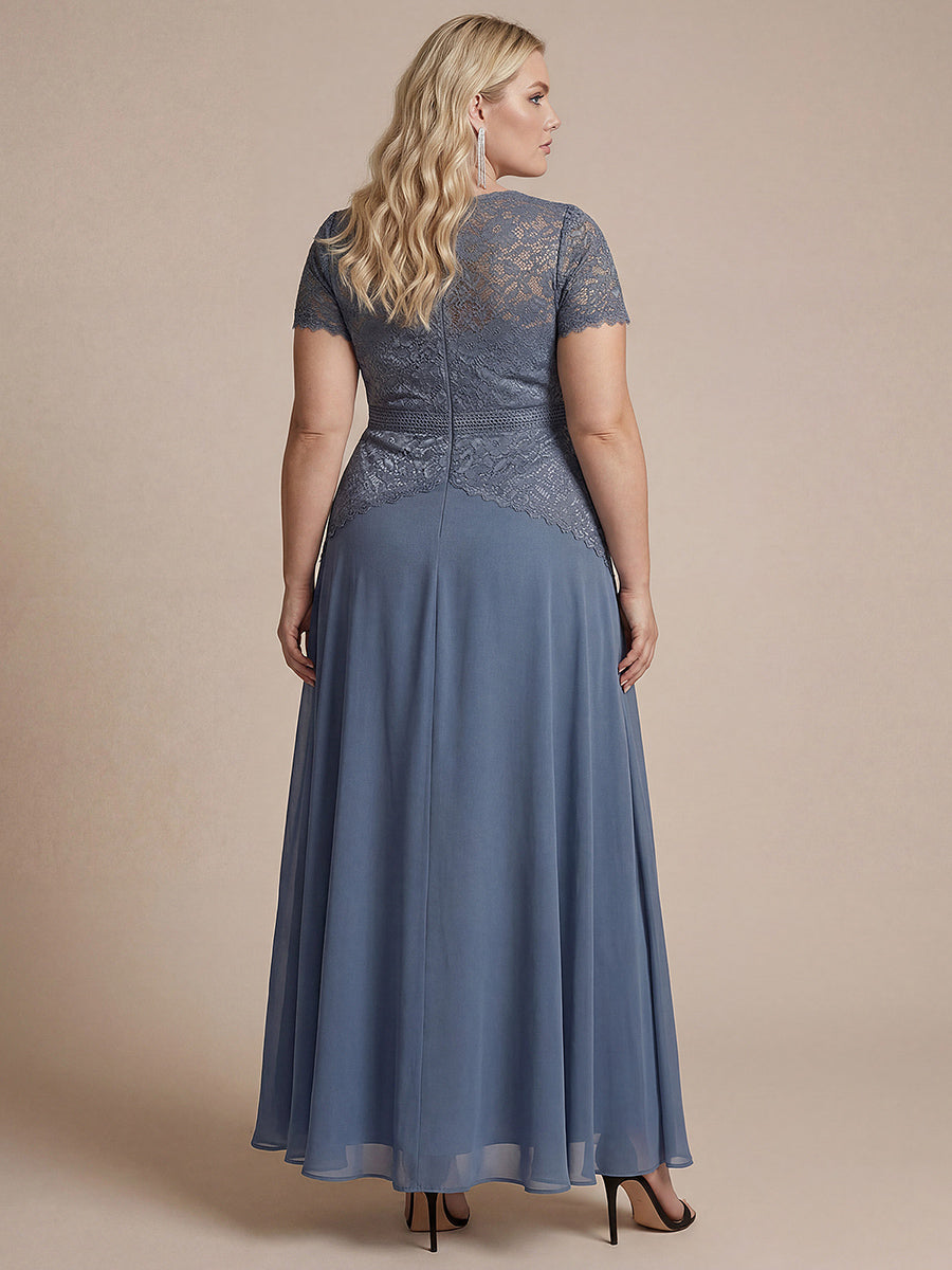 Plus Size Lace Puff Sleeve Evening DressDress #color_Dusty Blue