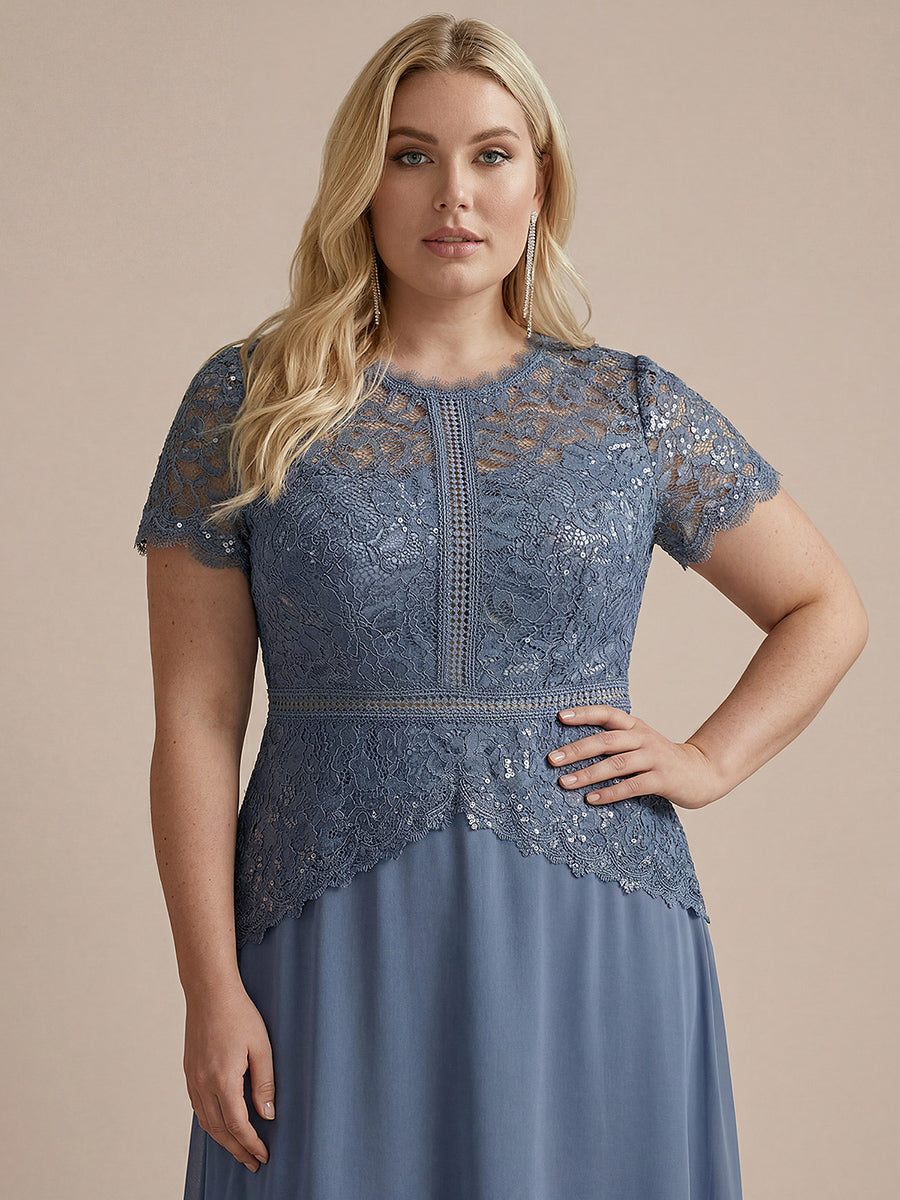 Sequin Lace Round Neck Evening Dress #color_Dusty Blue