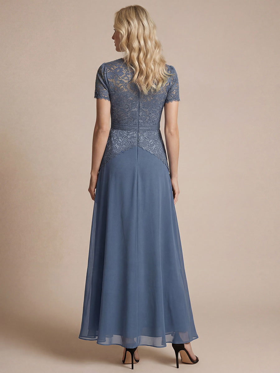 Sequin Lace Round Neck Evening Dress #color_Dusty Blue