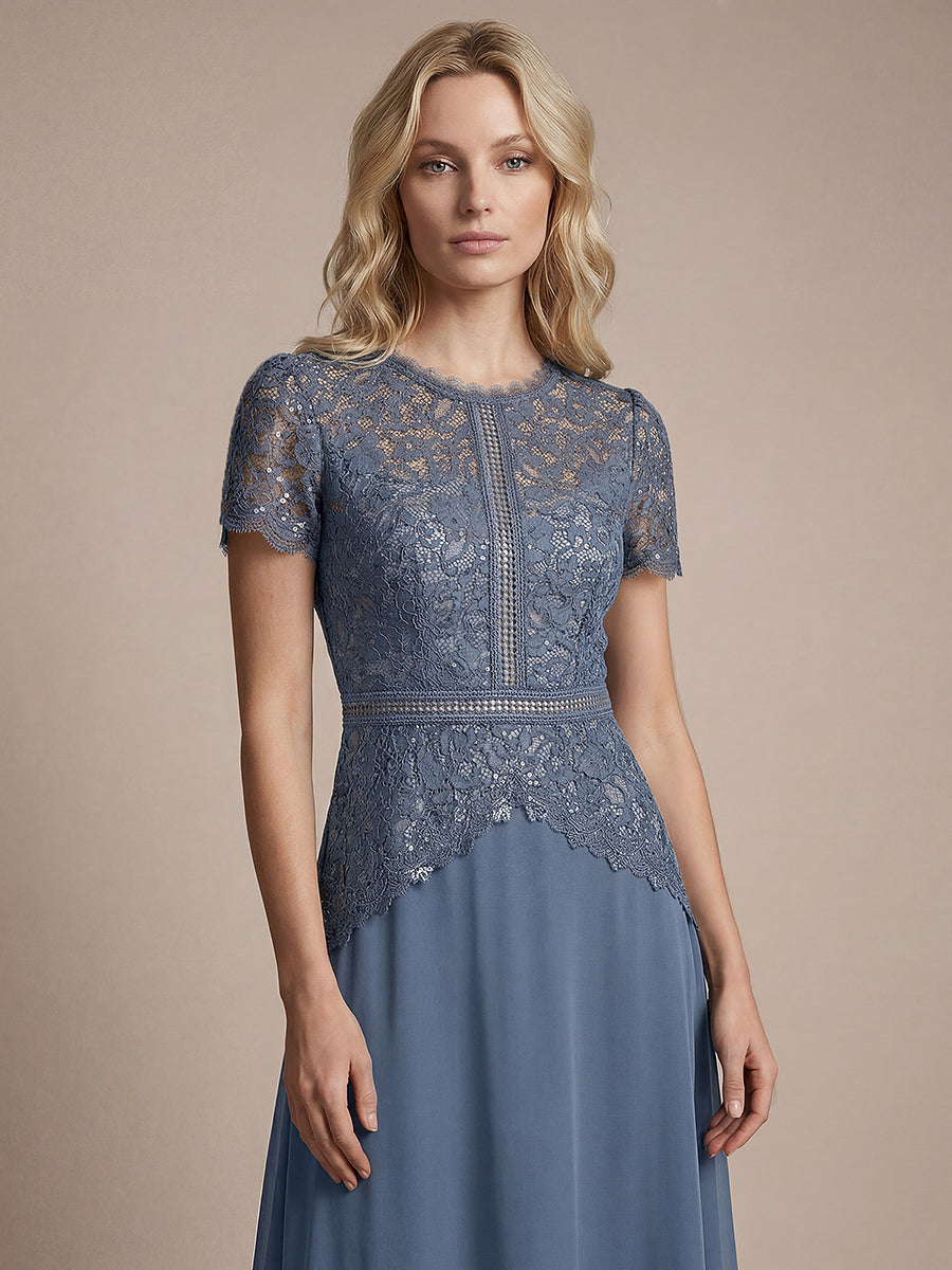 Sequin Lace Round Neck Evening Dress #color_Dusty Blue