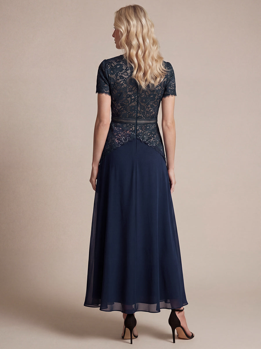 Sequin Lace Round Neck Evening Dress #color_Navy Blue