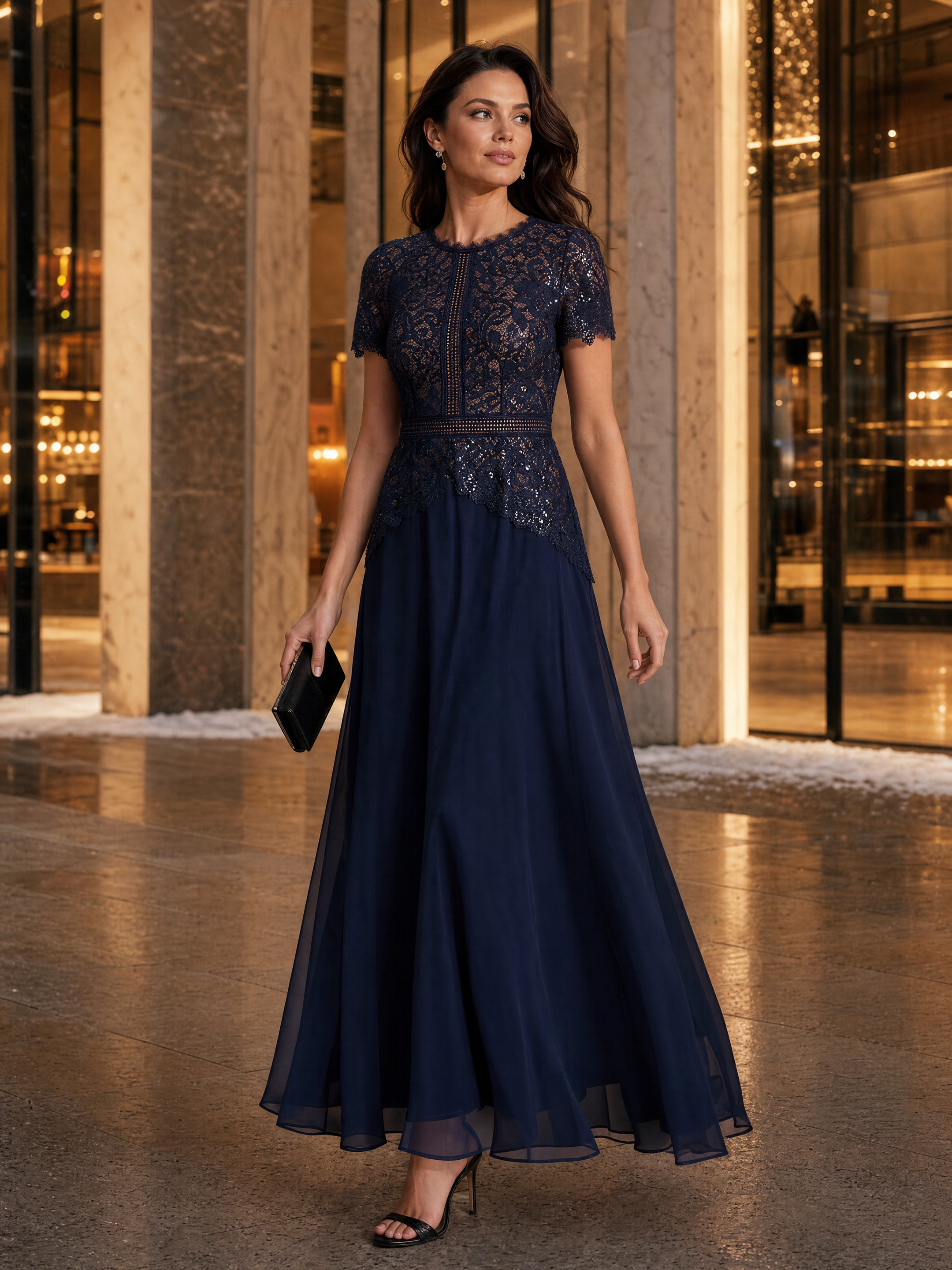 Sequin Lace Round Neck Evening Dress #color_Navy Blue