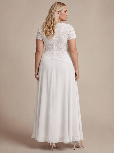 Plus Size Lace Puff Sleeve Evening DressDress #color_White