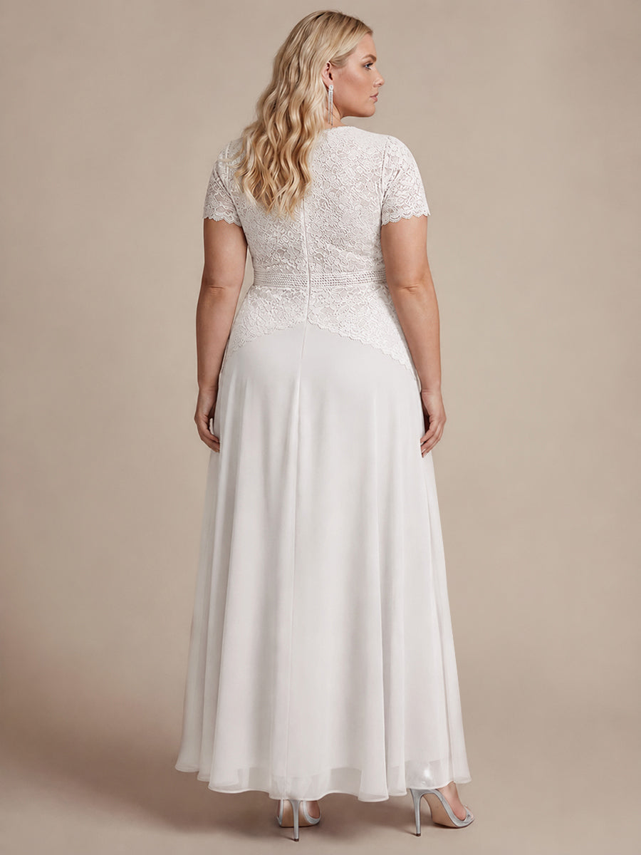 Plus Size Lace Puff Sleeve Evening DressDress #color_White