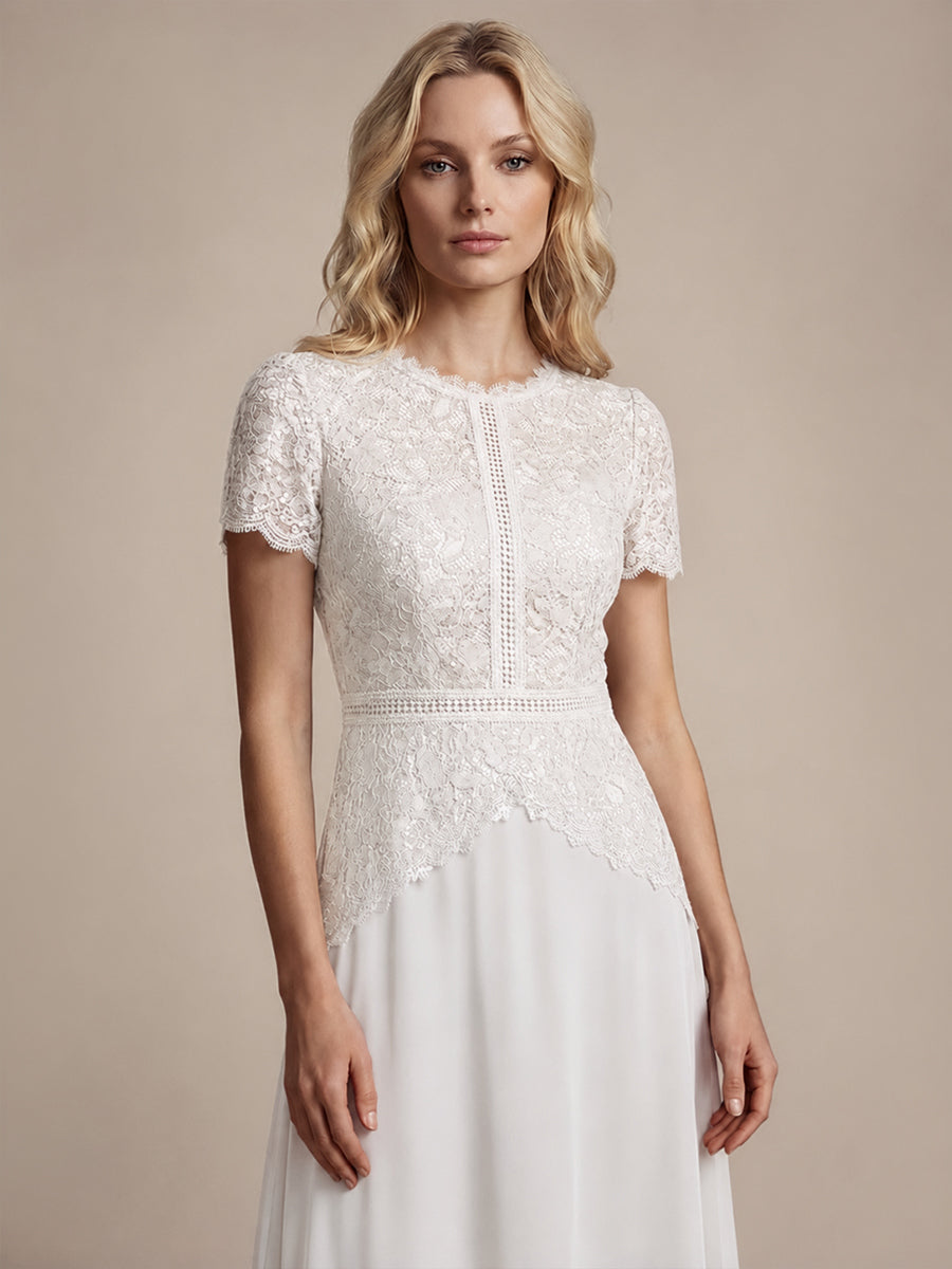 Sequin Lace Round Neck Evening Dress #color_White