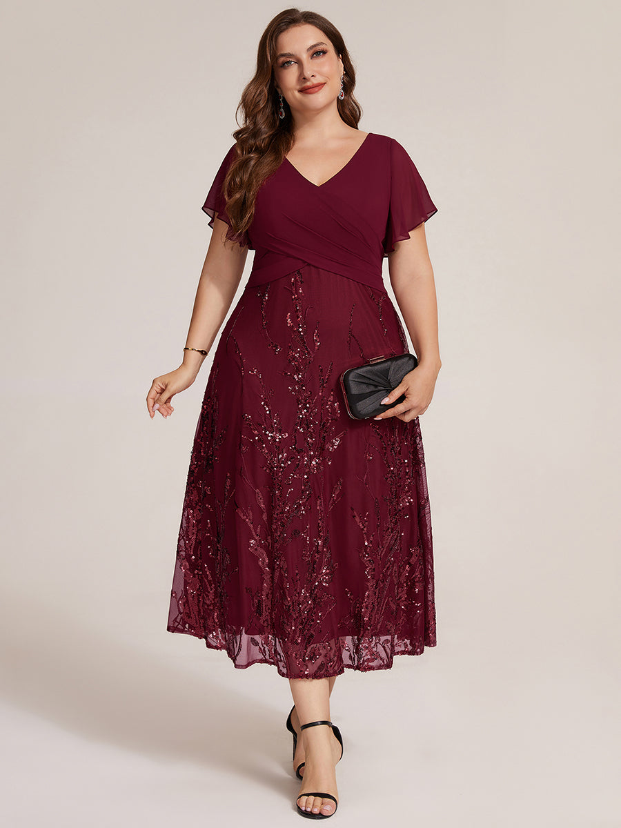 Sequin Chiffon A-Line Evening Dress #color_Burgundy