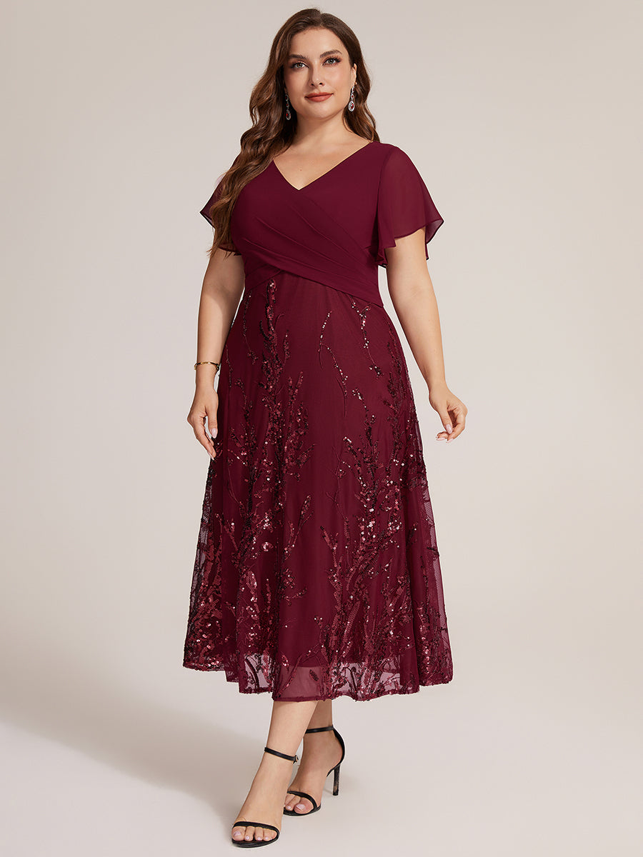 Sequin Chiffon A-Line Evening Dress #color_Burgundy