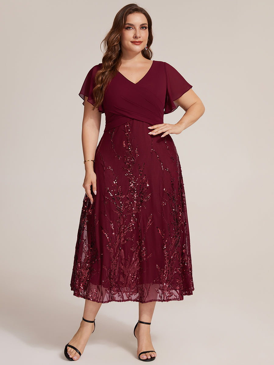 Plus Size Chiffon Sequin Ruffle Sleeve Evening Dress #color_Burgundy