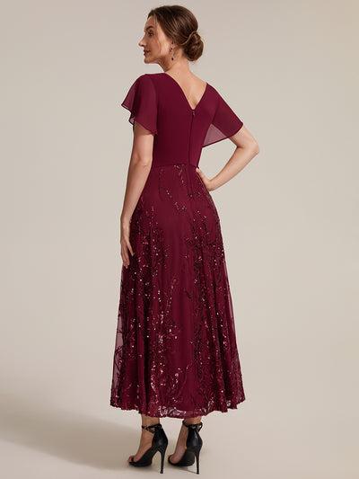 Sequin Chiffon A-Line Evening Dress #color_Burgundy