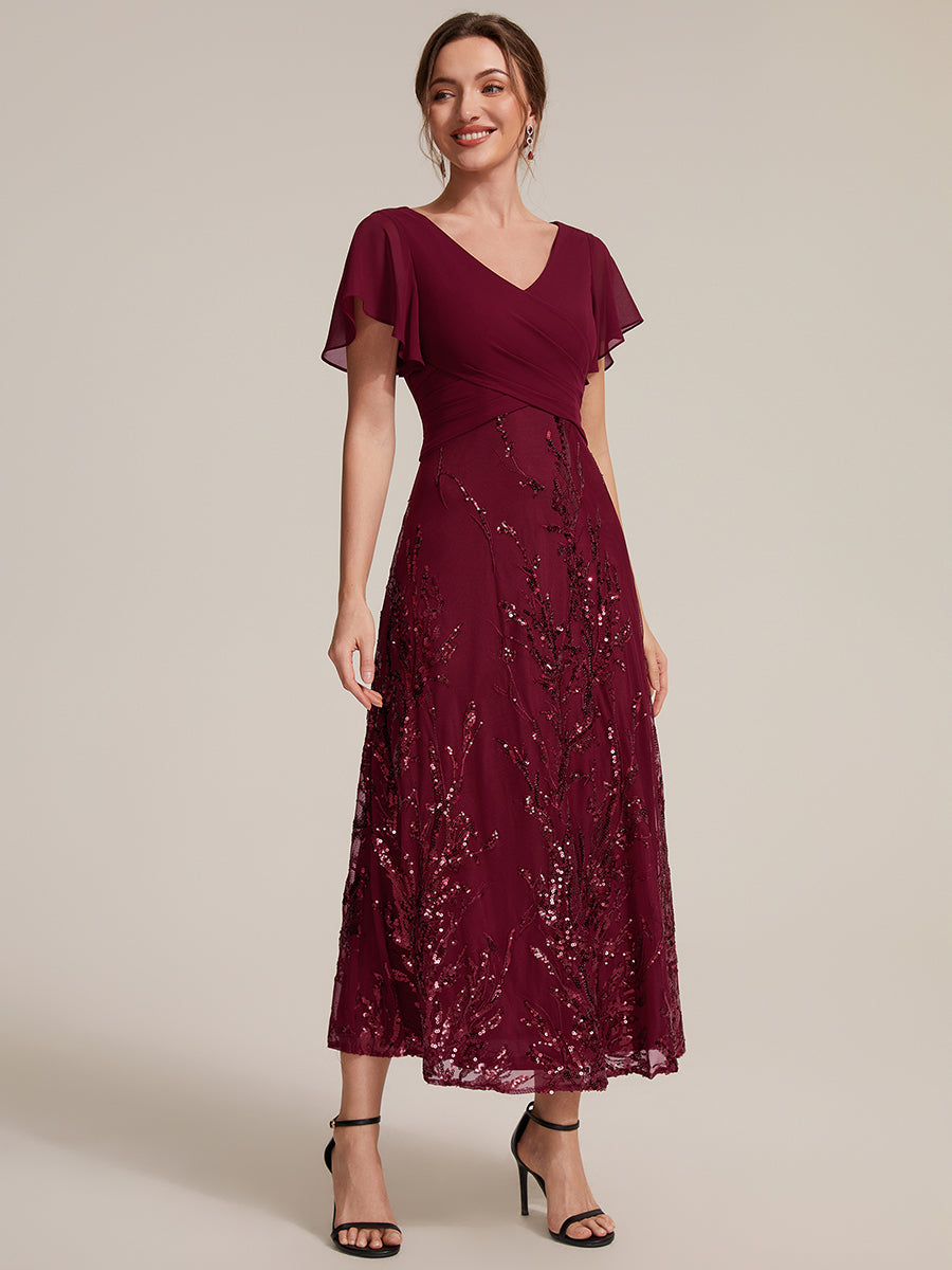 Sequin Chiffon A-Line Evening Dress #color_Burgundy