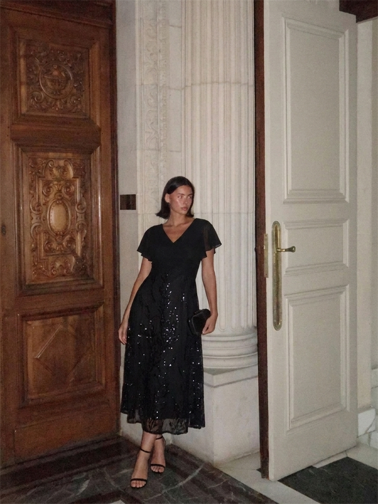 Sequin Chiffon A-Line Evening Dress #color_Black