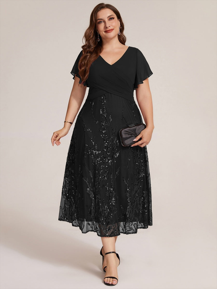 Sequin Chiffon A-Line Evening Dress #color_Black